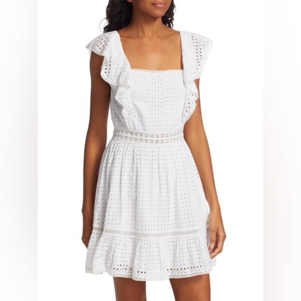 Alice + Olivia Remada White Eyelet Ruffle Cotton Mini Dress Sz 2 square neck - Picture 2 of 9